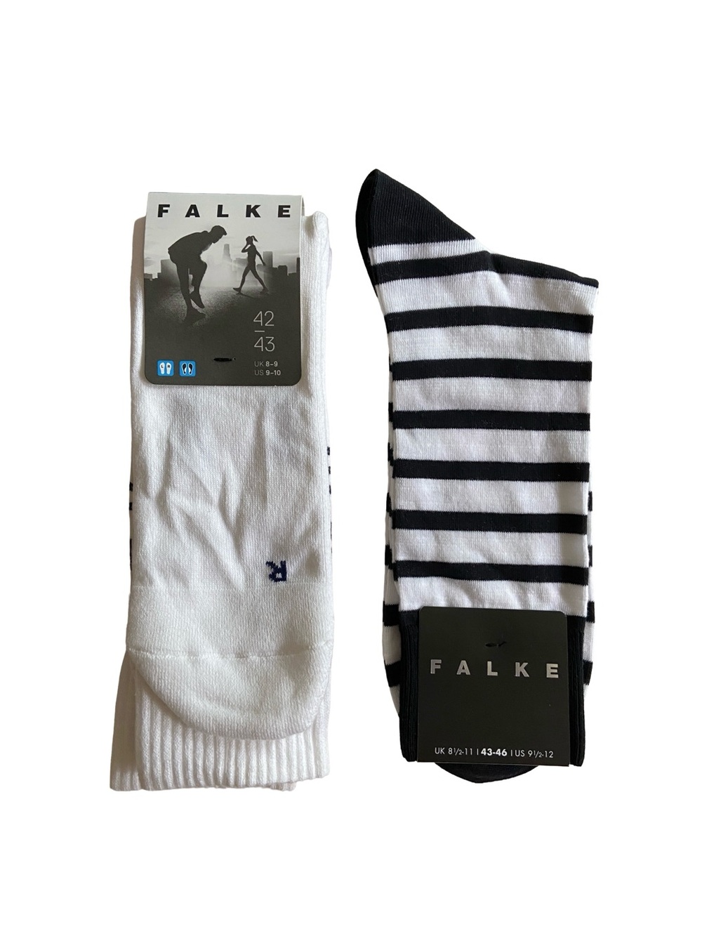 FALKE MENS ATHLETIC CASUAL SOCKS WHITE NAVY STRIPED COTTON BLEND NEW LOT OF 2